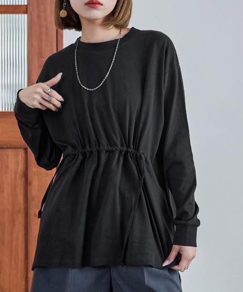 Fashion Letter（ファッションレター）の「【M-5L】ウエストギャザーカットソー 長袖 ロングスリーブ カットソー トップス Tシャツ（Tシャツ/カットソー・レディース・ブラック/チャコールグレー/オフホワイト・M～Ｌ/4L～5L/LL～3L）」の2枚目の写真