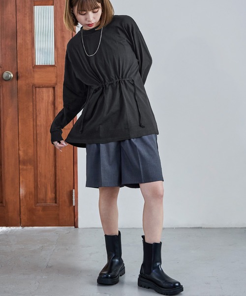 Fashion Letter（ファッションレター）の「【M-5L】ウエストギャザーカットソー 長袖 ロングスリーブ カットソー トップス Tシャツ（Tシャツ/カットソー・レディース・ブラック/チャコールグレー/オフホワイト・M～Ｌ/4L～5L/LL～3L）」の6枚目の写真