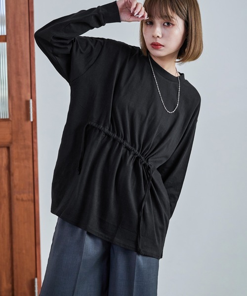 Fashion Letter（ファッションレター）の「【M-5L】ウエストギャザーカットソー 長袖 ロングスリーブ カットソー トップス Tシャツ（Tシャツ/カットソー・レディース・ブラック/チャコールグレー/オフホワイト・M～Ｌ/4L～5L/LL～3L）」の7枚目の写真