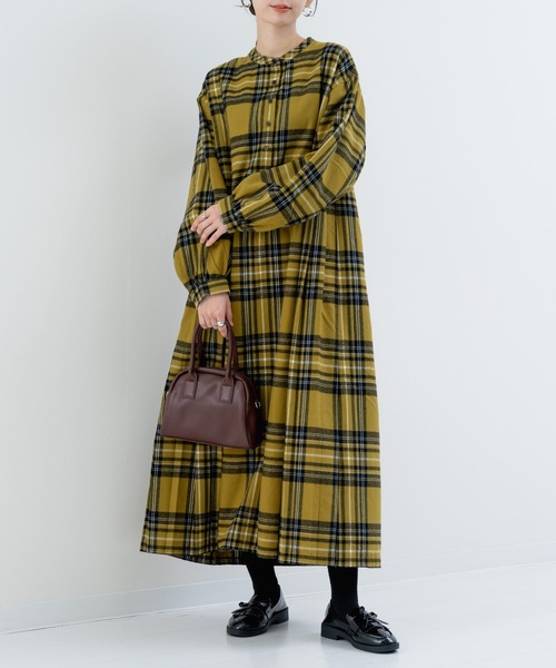 【2025AW新商品】起毛チェックプリーツワンピース＊イエローチェック セール】【refinedworks】 オリジナル起毛チェックのプリーツ