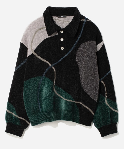 HARE（ハレ）の「ハイショクラインニットポロ(HARE)（ニット/セーター・メンズ・ブラック/グレー・FREE）」の2枚目の写真