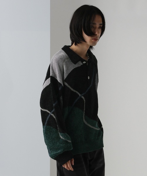 HARE（ハレ）の「ハイショクラインニットポロ(HARE)（ニット/セーター・メンズ・ブラック/グレー・FREE）」の4枚目の写真