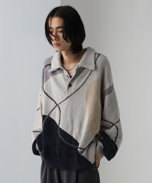 HARE（ハレ）の「ハイショクラインニットポロ(HARE)（ニット/セーター・メンズ・ブラック/グレー・FREE）」の6枚目の写真