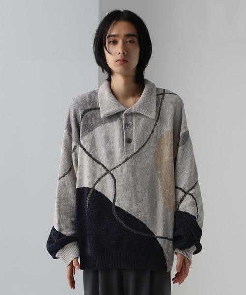 HARE（ハレ）の「ハイショクラインニットポロ(HARE)（ニット/セーター・メンズ・ブラック/グレー・FREE）」の7枚目の写真