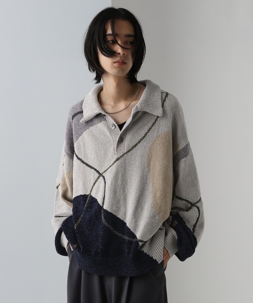 HARE（ハレ）の「ハイショクラインニットポロ(HARE)（ニット/セーター・メンズ・ブラック/グレー・FREE）」の19枚目の写真