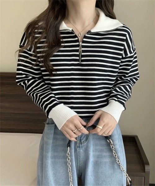 FREE STYLISTS(フリー スタイリスト)の「2WAYハーフジップボーダー柄セーター(ニット/セーター・レディース・ブラック/ベージュ・FREE)」の1枚目の写真