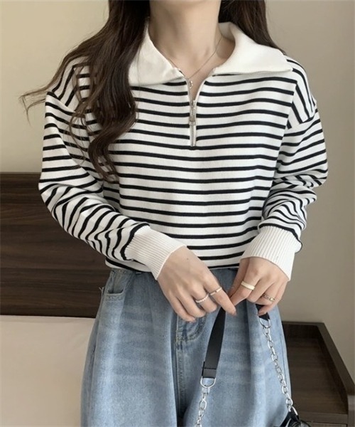 FREE STYLISTS(フリー スタイリスト)の「2WAYハーフジップボーダー柄セーター(ニット/セーター・レディース・ブラック/ベージュ・FREE)」の20枚目の写真