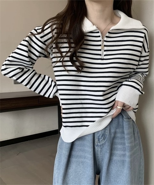 FREE STYLISTS(フリー スタイリスト)の「2WAYハーフジップボーダー柄セーター(ニット/セーター・レディース・ブラック/ベージュ・FREE)」の21枚目の写真