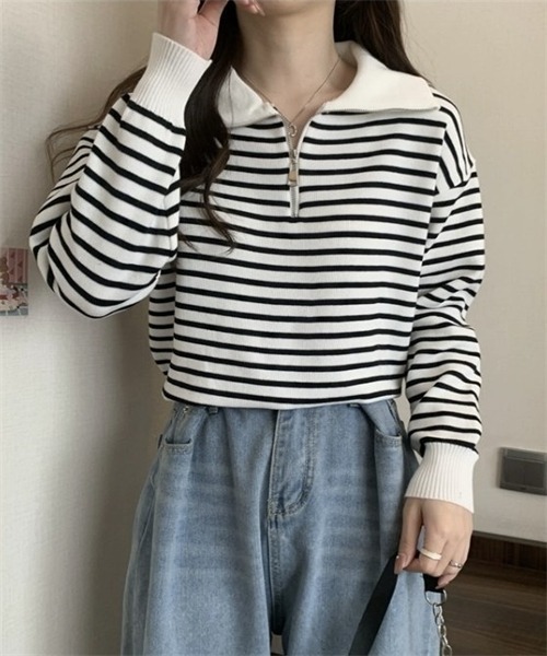 FREE STYLISTS(フリー スタイリスト)の「2WAYハーフジップボーダー柄セーター(ニット/セーター・レディース・ブラック/ベージュ・FREE)」の22枚目の写真
