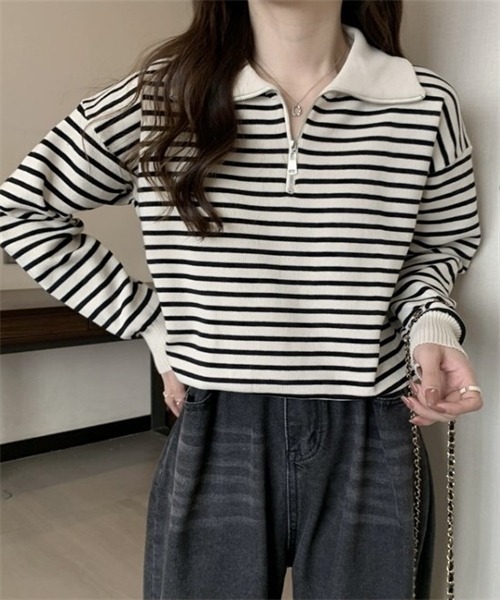 FREE STYLISTS(フリー スタイリスト)の「2WAYハーフジップボーダー柄セーター(ニット/セーター・レディース・ブラック/ベージュ・FREE)」の10枚目の写真