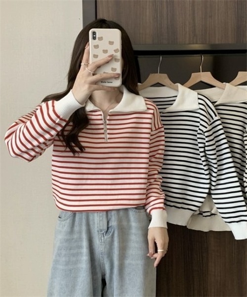 FREE STYLISTS(フリー スタイリスト)の「2WAYハーフジップボーダー柄セーター(ニット/セーター・レディース・ブラック/ベージュ・FREE)」の19枚目の写真