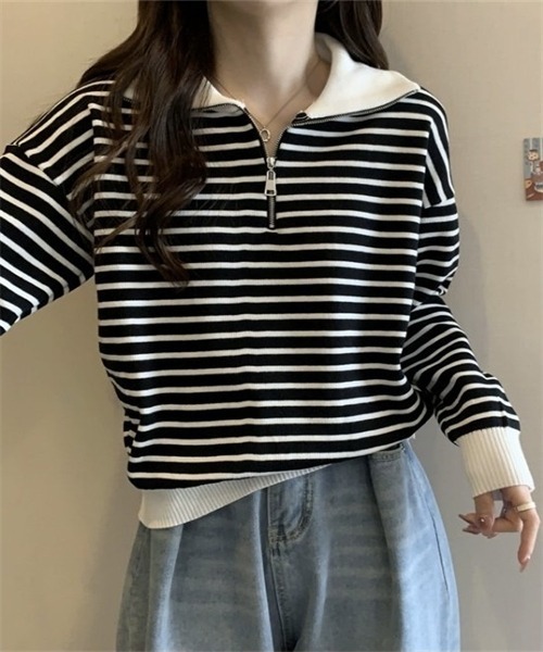 FREE STYLISTS(フリー スタイリスト)の「2WAYハーフジップボーダー柄セーター(ニット/セーター・レディース・ブラック/ベージュ・FREE)」の8枚目の写真