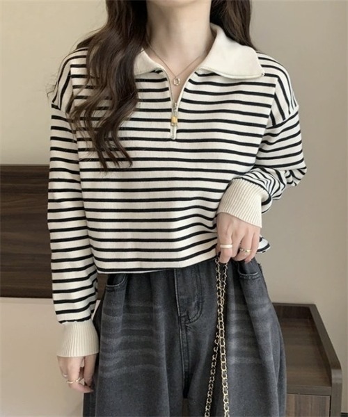 FREE STYLISTS(フリー スタイリスト)の「2WAYハーフジップボーダー柄セーター(ニット/セーター・レディース・ブラック/ベージュ・FREE)」の9枚目の写真