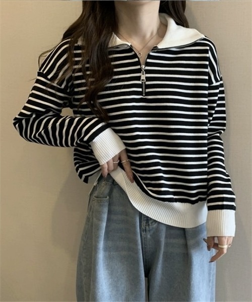 FREE STYLISTS(フリー スタイリスト)の「2WAYハーフジップボーダー柄セーター(ニット/セーター・レディース・ブラック/ベージュ・FREE)」の6枚目の写真