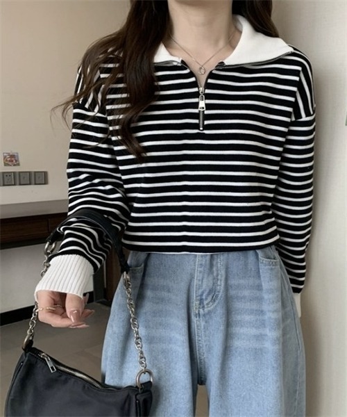 FREE STYLISTS(フリー スタイリスト)の「2WAYハーフジップボーダー柄セーター(ニット/セーター・レディース・ブラック/ベージュ・FREE)」の4枚目の写真