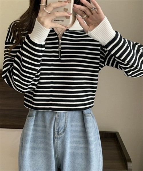 FREE STYLISTS(フリー スタイリスト)の「2WAYハーフジップボーダー柄セーター(ニット/セーター・レディース・ブラック/ベージュ・FREE)」の7枚目の写真