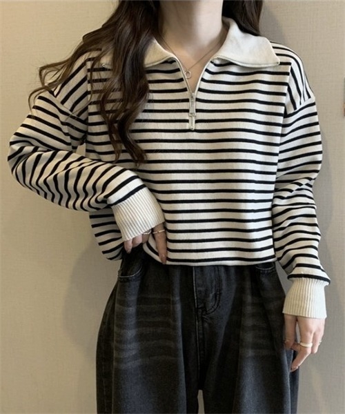 FREE STYLISTS(フリー スタイリスト)の「2WAYハーフジップボーダー柄セーター(ニット/セーター・レディース・ブラック/ベージュ・FREE)」の11枚目の写真