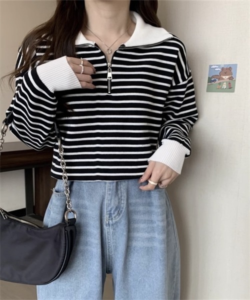 FREE STYLISTS(フリー スタイリスト)の「2WAYハーフジップボーダー柄セーター(ニット/セーター・レディース・ブラック/ベージュ・FREE)」の5枚目の写真