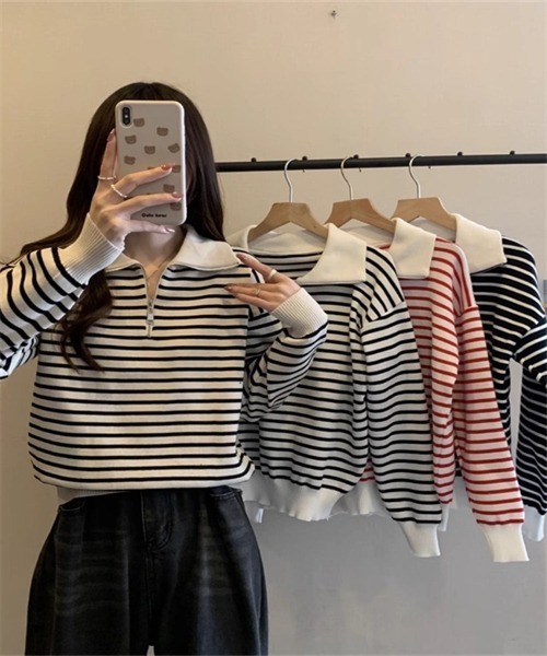 FREE STYLISTS(フリー スタイリスト)の「2WAYハーフジップボーダー柄セーター(ニット/セーター・レディース・ブラック/ベージュ・FREE)」の13枚目の写真