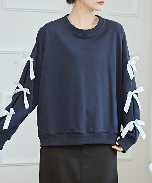 Lace Ladies(レースレディース)の「リボン付き ビッグシルエット 長袖 スウェット プルオーバー(スウェット・レディース・ネイビー/グレー・FREE)」の3枚目の写真