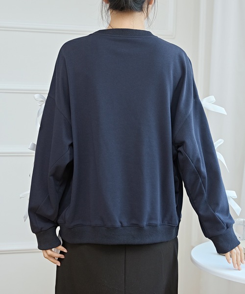 Lace Ladies(レースレディース)の「リボン付き ビッグシルエット 長袖 スウェット プルオーバー(スウェット・レディース・ネイビー/グレー・FREE)」の7枚目の写真
