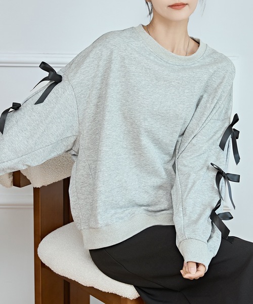 Lace Ladies(レースレディース)の「リボン付き ビッグシルエット 長袖 スウェット プルオーバー(スウェット・レディース・ネイビー/グレー・FREE)」の12枚目の写真