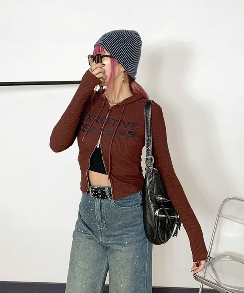 non-hedge(ノンヘッジ)の「リブロゴジップショート丈フードプルオーバー(Tシャツ/カットソー・レディース・ベージュ/ワインレッド/ブラック/オフホワイト/グレー・FREE)」の18枚目の写真