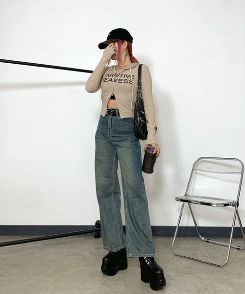 non-hedge(ノンヘッジ)の「リブロゴジップショート丈フードプルオーバー(Tシャツ/カットソー・レディース・ベージュ/ワインレッド/ブラック/オフホワイト/グレー・FREE)」の10枚目の写真