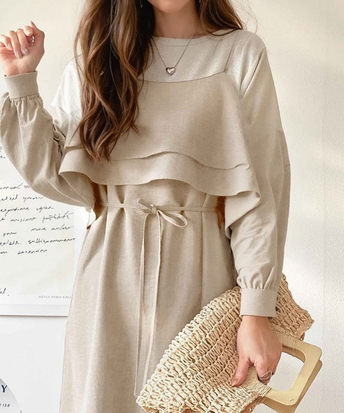 セール】上品シルエットが大人可愛い。ダブルフリルキャミワンピース