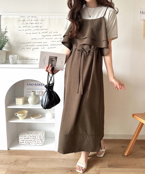 classicalelf(クラシカルエルフ)の「上品シルエットが大人可愛い。ダブルフリルキャミワンピース(ロング丈)(ワンピース・レディース・ブラック/ベージュ/ブラウン・LARGE/MEDIUM/SMALL/X-LARGE)」の2枚目の写真