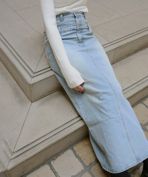 ダブルウエストデニムロングストレートスカート（デニムスカート