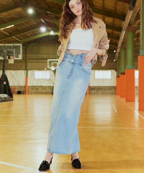 ダブルウエストデニムロングストレートスカート（デニムスカート