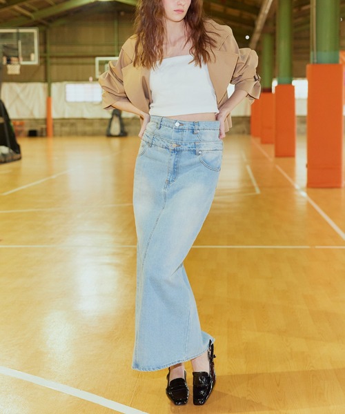 ダブルウエストデニムロングストレートスカート（デニムスカート
