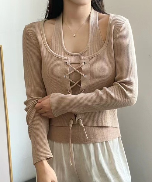 ROOPTOKYO(ループトウキョウ)の「Docking Lace-up Ribbed Cut and Sewn / ドッキング レースアップ リブカットソー 秋物 秋服 2026年秋冬(Tシャツ/カットソー・レディース・グレー/ブラック/ベージュ・FREE)」の3枚目の写真