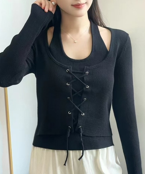 ROOPTOKYO(ループトウキョウ)の「Docking Lace-up Ribbed Cut and Sewn / ドッキング レースアップ リブカットソー 秋物 秋服 2026年秋冬(Tシャツ/カットソー・レディース・グレー/ブラック/ベージュ・FREE)」の1枚目の写真