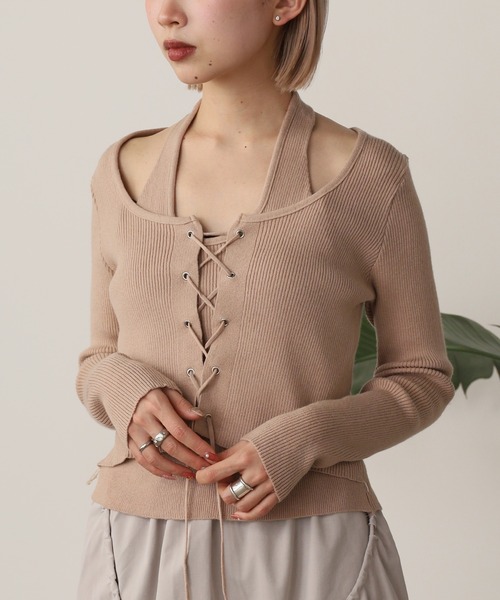 ROOPTOKYO(ループトウキョウ)の「Docking Lace-up Ribbed Cut and Sewn / ドッキング レースアップ リブカットソー 秋物 秋服 2026年秋冬(Tシャツ/カットソー・レディース・グレー/ブラック/ベージュ・FREE)」の21枚目の写真