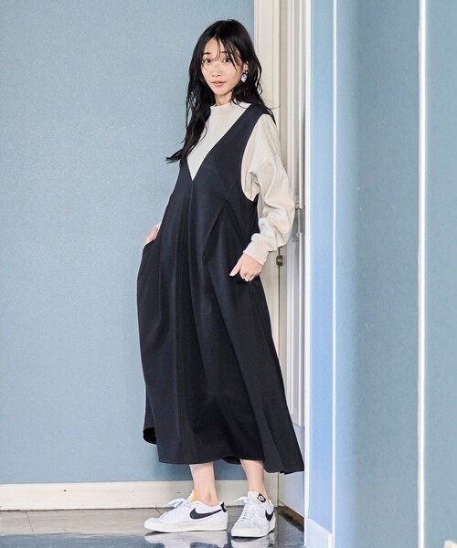 coen（コーエン）の「ポリツイル Vネック ジャンパースカート（ジャンパースカート・レディース・ブラック/ベージュ/オリーブ・M/L）」の8枚目の写真