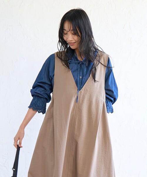 coen（コーエン）の「ポリツイル Vネック ジャンパースカート（ジャンパースカート・レディース・ブラック/ベージュ/オリーブ・M/L）」の10枚目の写真