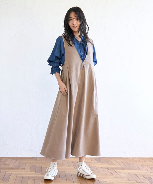 coen（コーエン）の「ポリツイル Vネック ジャンパースカート（ジャンパースカート・レディース・ブラック/ベージュ/オリーブ・M/L）」の13枚目の写真