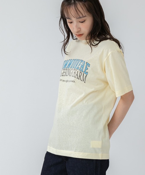 韓国人気【haag】 a slender t-sh スレンダーTシャツ 全2色 スラブセミシアーロゴプリントTシャツ/イエロー グレー 杢
