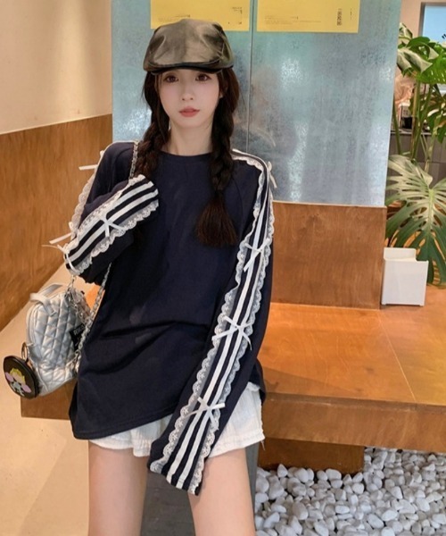 おしゃれスタ(オシャレスタ)の「レースストライプリボンTシャツ(Tシャツ/カットソー・レディース・ネイビー/ブラック・S/M/L/XL)」の7枚目の写真