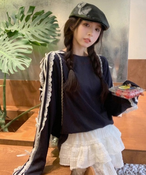 おしゃれスタ(オシャレスタ)の「レースストライプリボンTシャツ(Tシャツ/カットソー・レディース・ネイビー/ブラック・S/M/L/XL)」の21枚目の写真