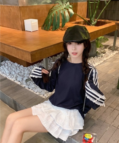 おしゃれスタ(オシャレスタ)の「レースストライプリボンTシャツ(Tシャツ/カットソー・レディース・ネイビー/ブラック・S/M/L/XL)」の22枚目の写真
