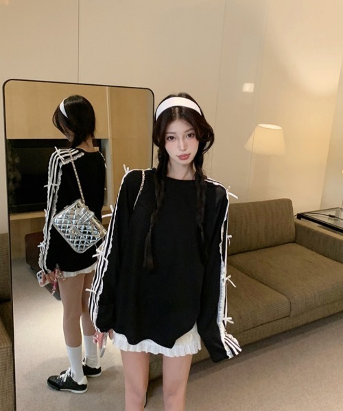おしゃれスタ(オシャレスタ)の「レースストライプリボンTシャツ(Tシャツ/カットソー・レディース・ネイビー/ブラック・S/M/L/XL)」の17枚目の写真