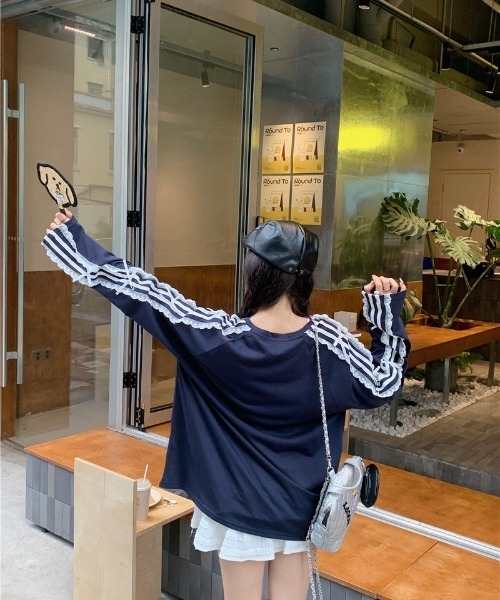 おしゃれスタ(オシャレスタ)の「レースストライプリボンTシャツ(Tシャツ/カットソー・レディース・ネイビー/ブラック・S/M/L/XL)」の18枚目の写真