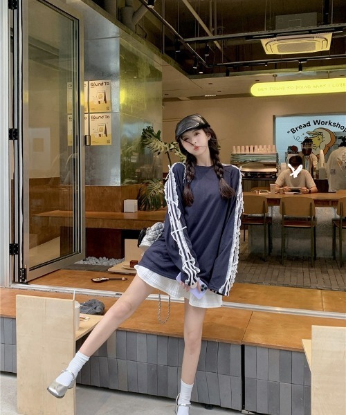 おしゃれスタ(オシャレスタ)の「レースストライプリボンTシャツ(Tシャツ/カットソー・レディース・ネイビー/ブラック・S/M/L/XL)」の20枚目の写真