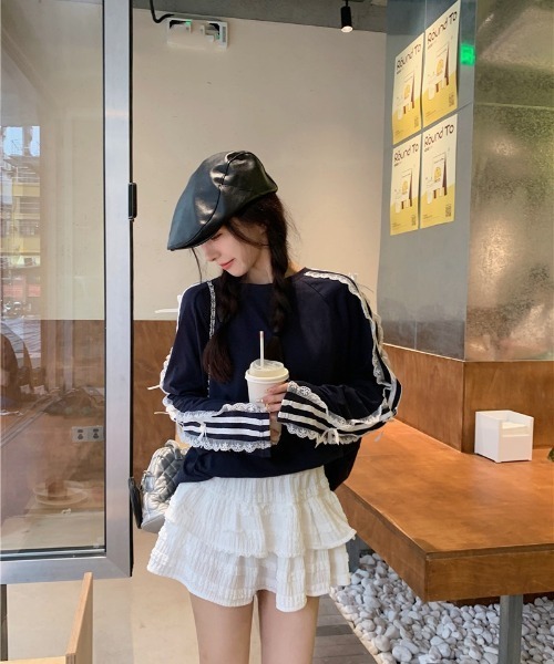 おしゃれスタ(オシャレスタ)の「レースストライプリボンTシャツ(Tシャツ/カットソー・レディース・ネイビー/ブラック・S/M/L/XL)」の11枚目の写真