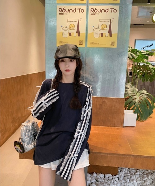 おしゃれスタ(オシャレスタ)の「レースストライプリボンTシャツ(Tシャツ/カットソー・レディース・ネイビー/ブラック・S/M/L/XL)」の12枚目の写真