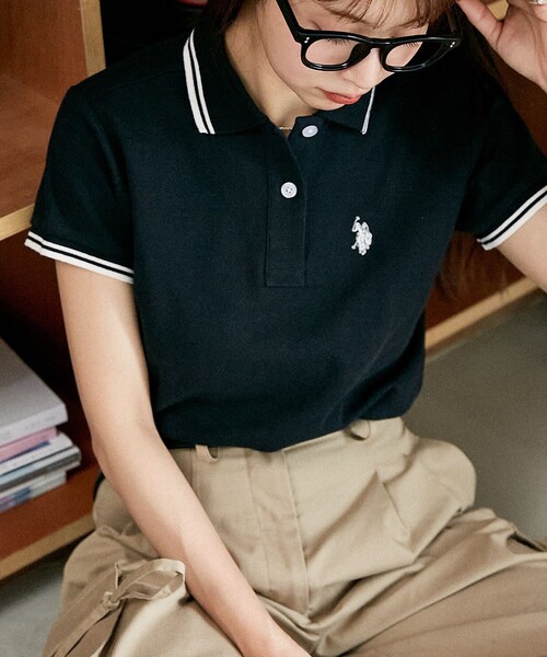 U.S. POLO ASSN.（ユーエスポロアッスン）の「U.S. POLO ASSN./ユーエスポロアッスン 別注 ライン入りワンポイント刺繍ポロシャツ　限定展開（ポロシャツ・レディース・ナチュラル/ブラック/ネイビー/イエロー/ブラウン/グレー・ﾌﾘ-）」の11枚目の写真