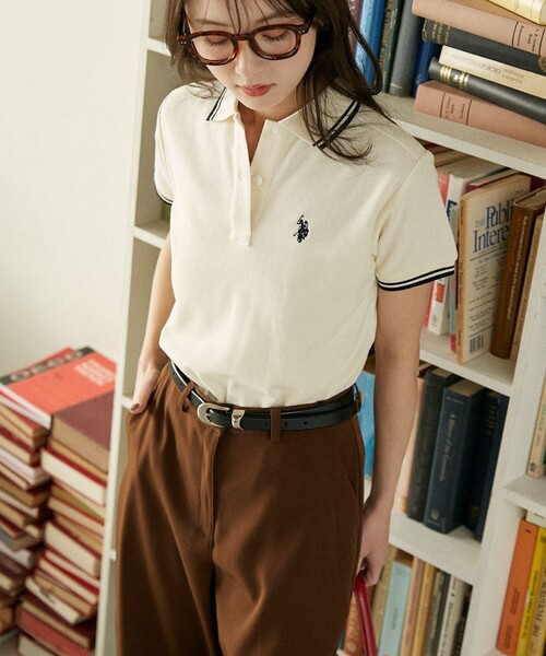 U.S. POLO ASSN.（ユーエスポロアッスン）の「U.S. POLO ASSN./ユーエスポロアッスン 別注 ライン入りワンポイント刺繍ポロシャツ　限定展開（ポロシャツ・レディース・ナチュラル/ブラック/ネイビー/イエロー/ブラウン/グレー・ﾌﾘ-）」の8枚目の写真